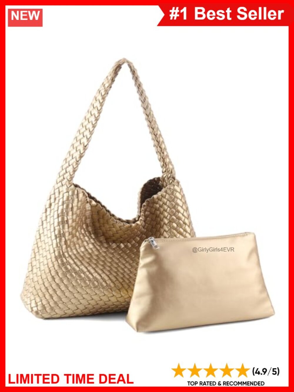 Woven Vegan Leather Hobo Tote Bag with Pouch Wide Strap Lightweight